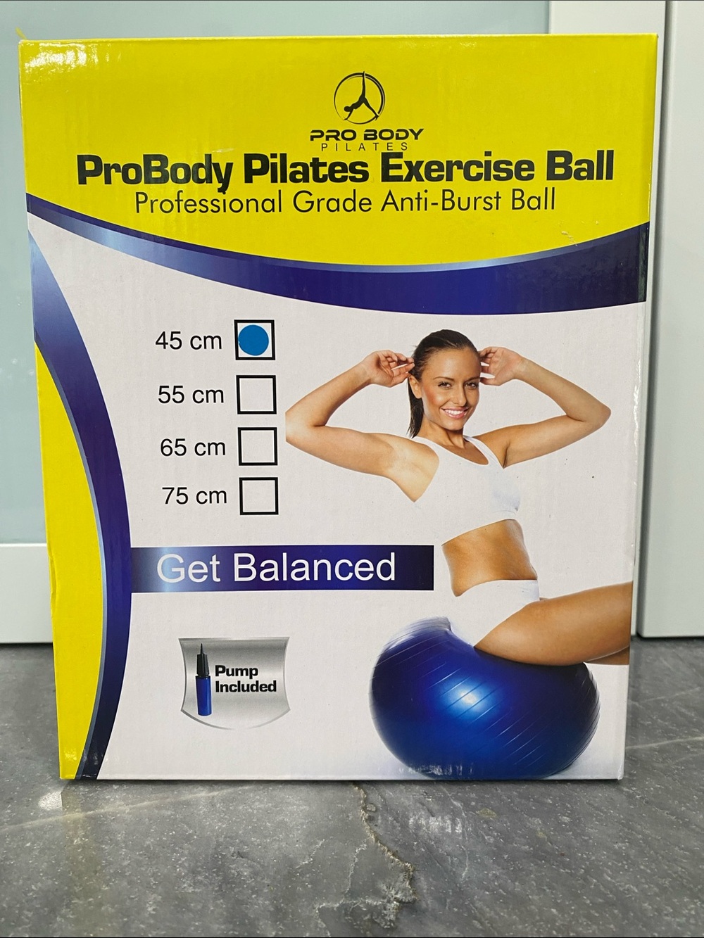 Pilates Exercise Ball - Blue. 45 cm. 17 1/2”
New in Box.  Pump Included.